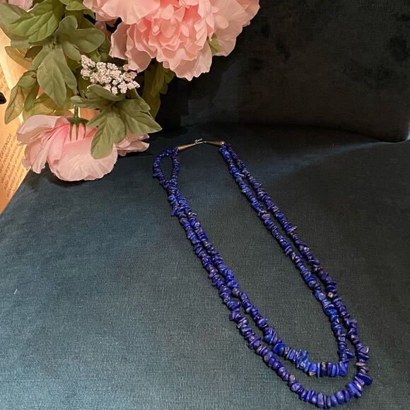 Native American Double Strand Lapis with Stamped Sterling Clasp - Picture 2 of 9